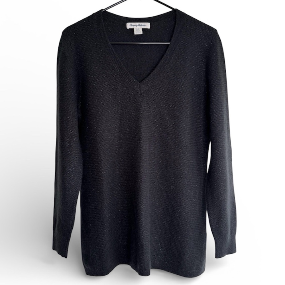 Tommy Bahama Metallic Speckled Sweater V-Neck Merino Wool Cashmere Blend Black L